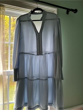 Light Blue Tiered Babydoll Dress Long Sleeve V-Neck Ruffle Collar XL H9B088